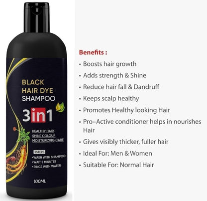 Instant Black Herbal Hair Dye Shampoo – 3‑in‑1 Grey Coverage (Pack of 2 × 100 ml)