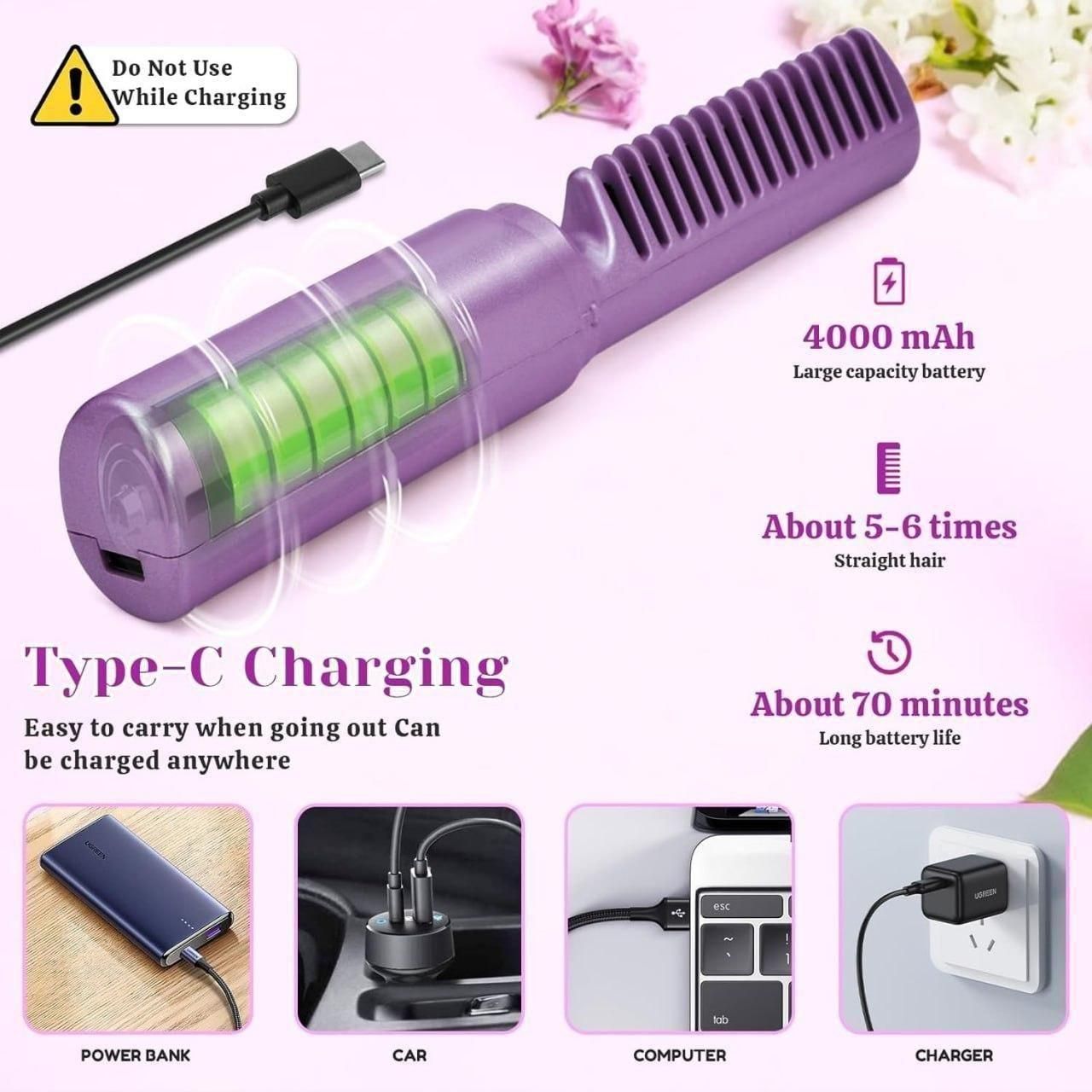 GlideGo USB‑Rechargeable Mini Hair Straightener Brush